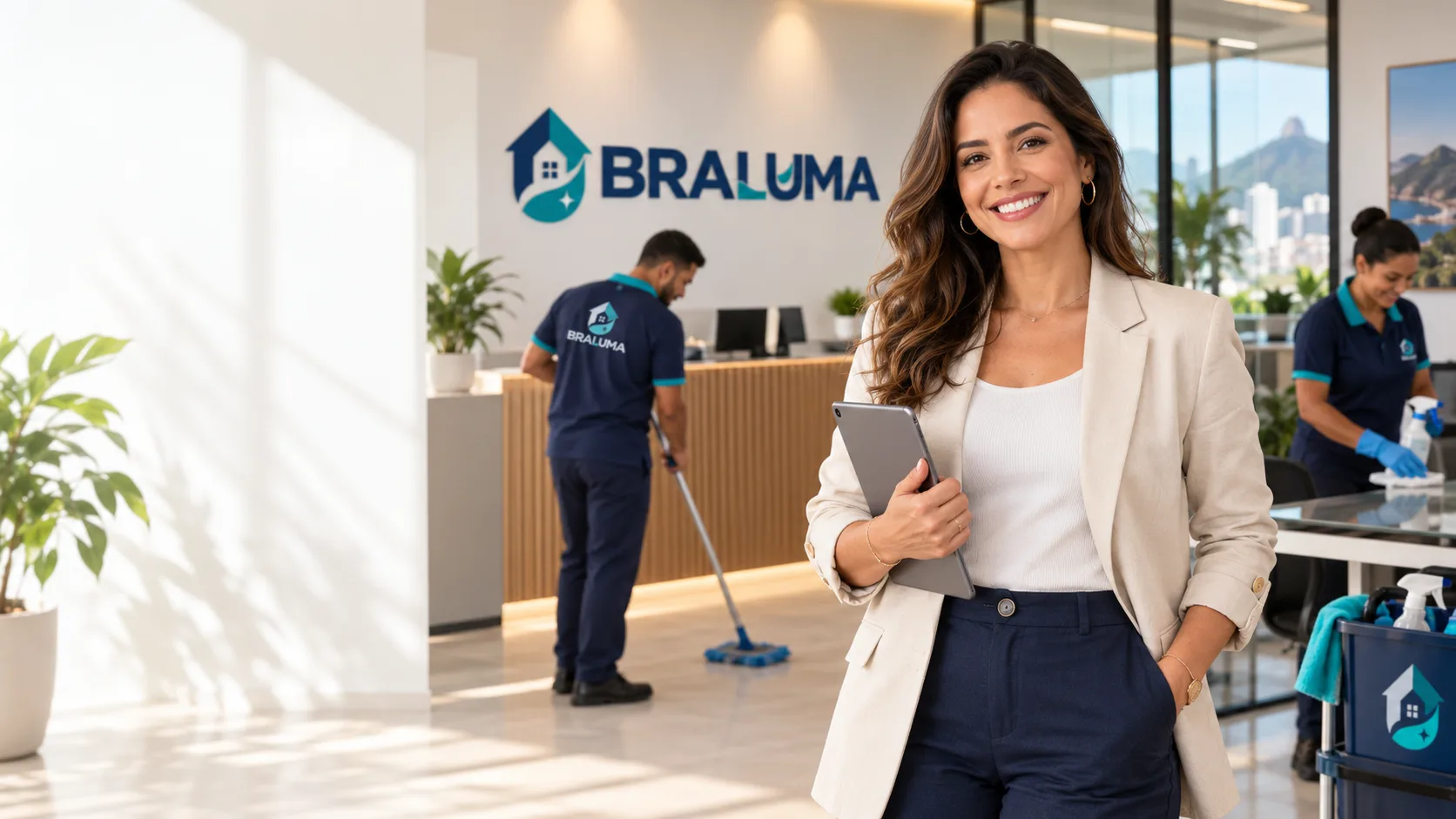 Licenciada Braluma com tablet na recepção da unidade, com equipe uniformizada em operação ao fundo