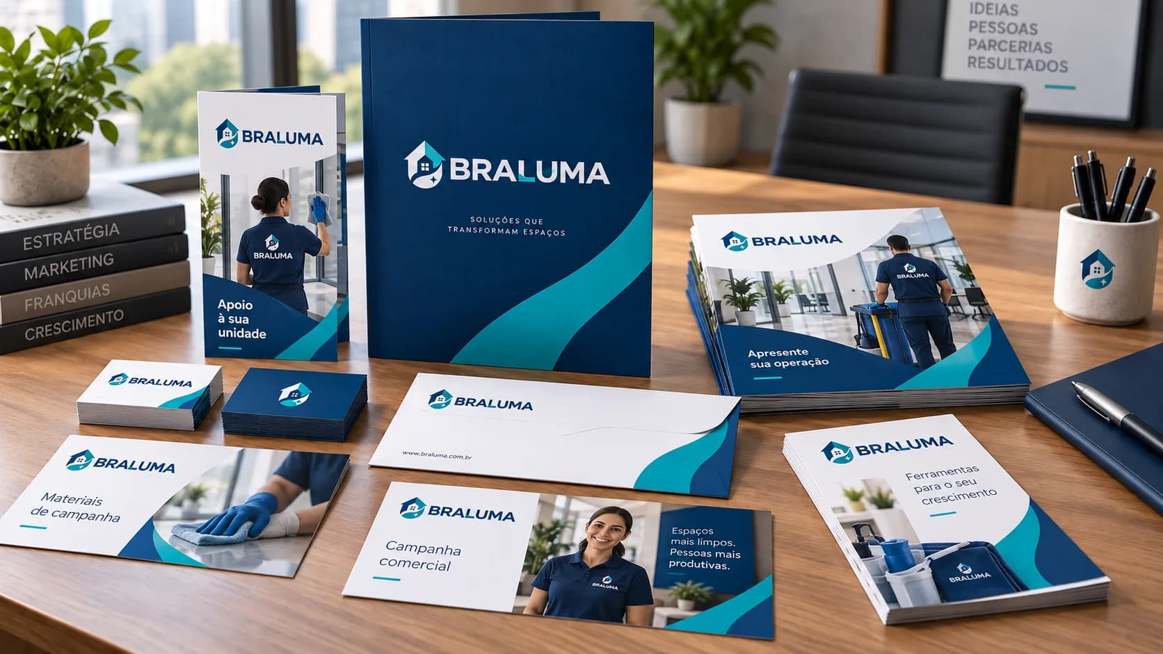 Materiais de marketing e papelaria oficial da unidade Braluma