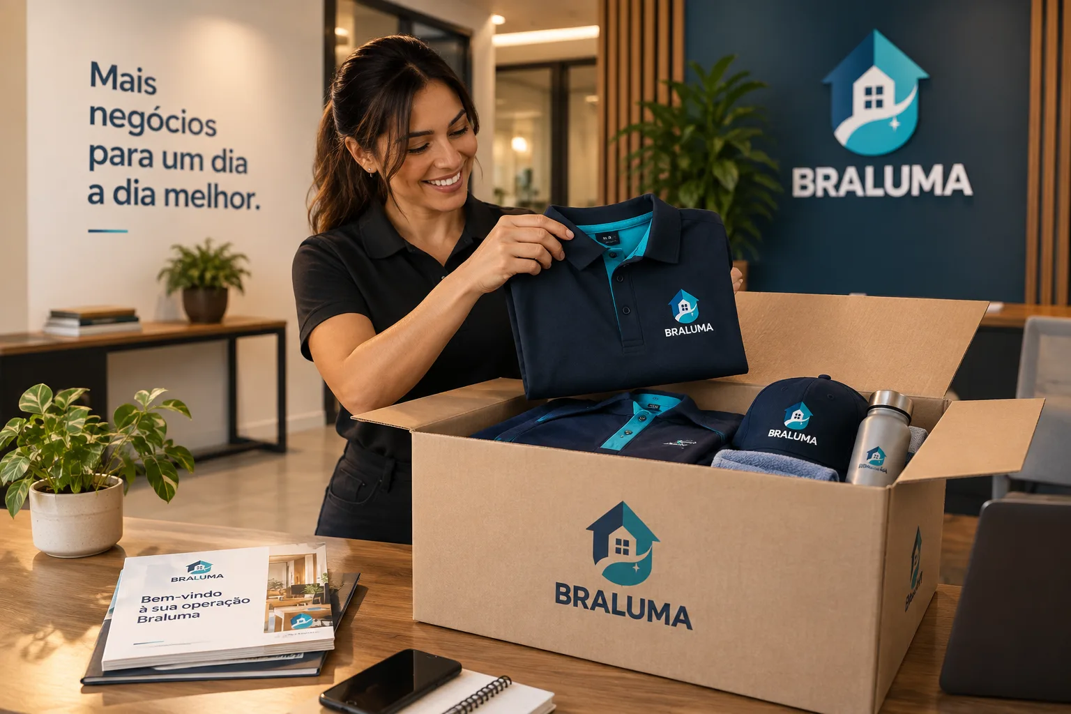 Licenciada Braluma abrindo um kit de boas-vindas com uniformes e materiais da marca