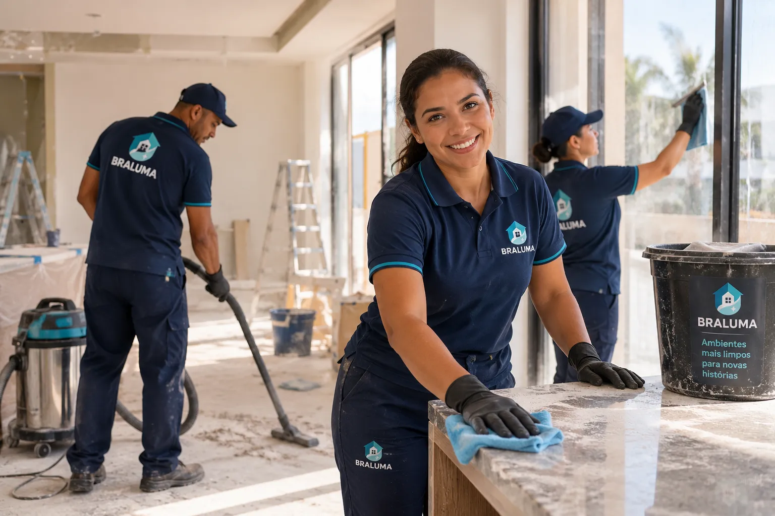 Equipe Braluma em limpeza pos-obra com aspirador e pano em bancada